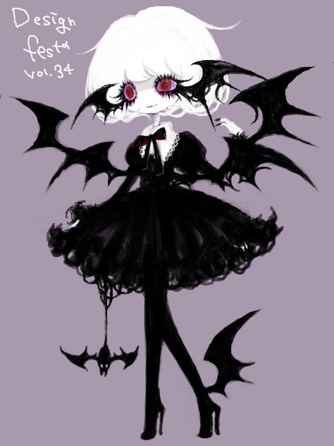 Image via We Heart It https://weheartit.com/entry/41639691/via/17510959 #bat #dark #design #evil #fluffy #gothic #lolita Pastel Goth Character Design, Bat Creature Concept Art, Bat Oc Art, Bat Girl Oc, Gothic Drawing Ideas, Creepy Doll Drawing, Human Bat Oc, Bat Character Design, Gothic Character Design