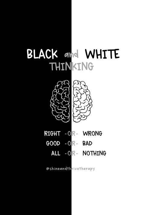 Black and white thinking is the opposite of dialectical thinking and keeps us from living in reality. Here are some tips to move towards thinking dialectically: 1) Instead of “either-or” thinking, try to use “both-and” thinking. 2) Avoid using extreme words like always, never, you make me, etc. 3) Know that opposites can be true at the same time. “I’m doing the best I can and I can work harder to change.” 4) Use “I feel…” statements instead of “you” statements. 5) Looking at other viewpoint Black And White Thinking Worksheet, I Feel Statements, Dialectical Thinking, People Who Complain, Not A Victim, Black And White Thinking, Behavior Therapy, Dialectical Behavior Therapy, Health Psychology