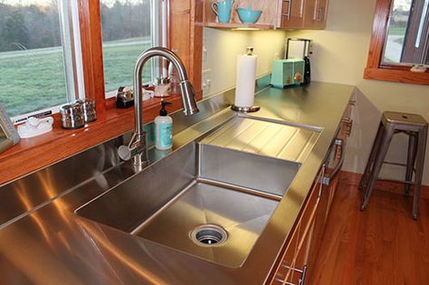 Custom drainboard sink and stainless steel countertop - all one piece. Love. Stainless Countertops, Replacing Kitchen Countertops, Sink Ideas, Country Kitchen Designs, Stainless Steel Counters, Stainless Sink, New Countertops, Stainless Steel Countertops, Retro Renovation