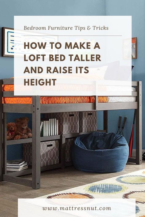 To make a loft bed taller and raise its height, install bed risers on the loft bed posts. You can also create your own DIY bed risers using wood blocks and casters. A third option is to replace your loft bed with an extra-tall loft bed. Adding bed risers to extra tall loft beds is not recommended. Diy King Loft Bed, Bed Risers Diy, How To Raise Your Bed Higher For Storage, Loft Bed Instructions, Loft Bed Instructions Diy, Make A Loft Bed, Diy Bed Risers, Extra High Bed Risers, Bed Raisers