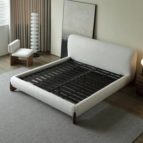 Curva Modern White Boucle Platform Bed King Size Bed Frame with Upholstered Headboard King Bed Frame With Storage, Modern Bed Frames, Modern King Bed, Platform Bed King, Bed King Size, Modern Style Bedroom, Modern Bed Frame, Loveseat Living Room, Bed King