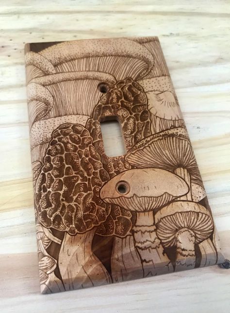 Wooden Mushroom Lightswitch Cover Morel Mushroom Single - Etsy Mushroom Lights, Oyster Mushrooms, Wood Burning Crafts, Wooden Light, Wood Burning Art, Light Switch Plate Cover, Light Switch Cover, Wood Light, Switch Covers