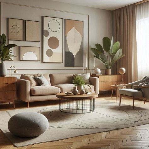 Mid-Century Modern Living Room Neutral Mid Century Living Room, Mid Century Modern Living Room Art, Apartment Painting Ideas, Mid Century Scandinavian Living Rooms, Mcm Aesthetic, Cozy Mid Century Modern Living Room, Mod Living Room, Living Room Mid Century Modern, Mid Century Modern Living Room Decor