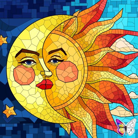 Stained Glass Mosaic Patterns, Black Light Posters, The Sun And Moon, Mosaic Tile Art, Unique Drawings, Abstract Geometric Art, Next Tattoo, Celestial Art, Bohemian Art