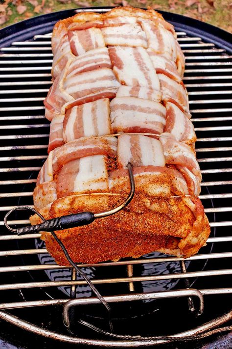 Learn how to make tender slightly spicy bacon wrapped hickory-smoked pork loin smothered in tangy barbecue sauce. This may be the best pork recipe ever! Pork Loin Roast Smoker Recipes, Smoked Pork Loin Recipes, Charcoal Cooking, Pork Loins, Bacon Wrapped Pork Loin, Smoked Pork Tenderloin, Grilled Pork Loin, Spicy Bacon, Smoked Burgers