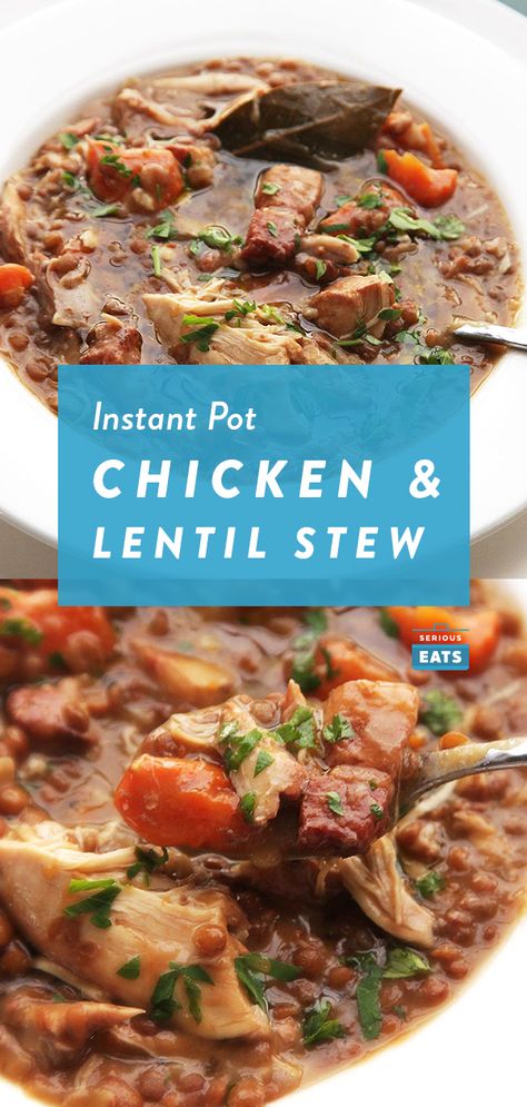 Quick and Easy Pressure Cooker Chicken, Lentil, and Bacon Stew With Carrots Recipe Bacon Stew, Chicken Lentil, Chicken Recipes Easy Quick, Stew Meat Recipes, French Lentils, Carrots Recipe, Weeknight Recipes, Pot Dinners, Pressure Cooker Chicken