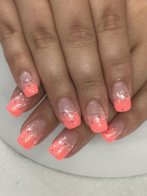 Spring Nails 2023 Gel Coral, Pink Ombré Gel Nails, Coral Nails With Glitter Summer, Coral Tipped Nails, Coral Ombre Nails Summer Short, Ombré Coral Nails, Coral Sparkle Nails, Light Peach Nails With Designs, Glitter Fade Nails Ombre