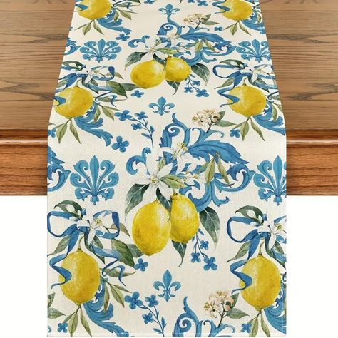 Table Runner Fresh Lemon Printed Table Runner Spring Theme - Temu Kitchen Table Decorations For Home, Lemon Table Runner, Tablecloth Ideas, Summer Table Runner, Dining Table Decoration, Lemon Kitchen, Tafel Decor, Printed Table Runner, Floral Table Runner