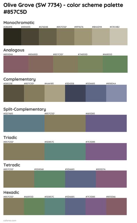 Sherwin Williams Olive Grove (SW 7734) Paint coordinating colors and palettes Sherwin Williams Olive Grove, Olive Grove Sherwin Williams, Sherwin Williams Coordinating Colors, Draw A Hexagon, Analogous Color Scheme, Rgb Color Codes, Split Complementary Colors, Fun Room, Rgb Color Wheel