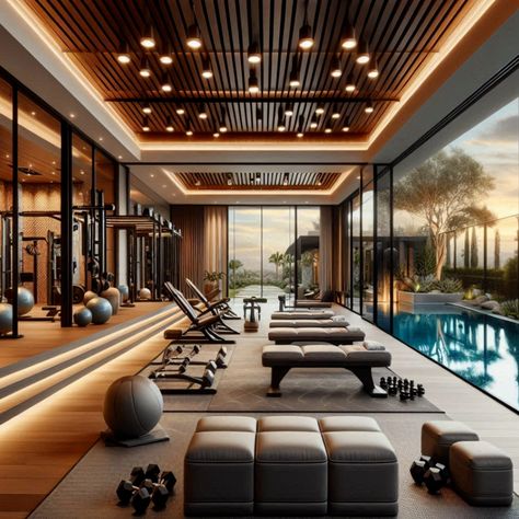 Create a personal fitness oasis with a luxury home gym that includes an outdoor pool and spacious workout area. A blend of elegance and functionality. #LuxuryHomeGym #OutdoorFitnessOasis #CustomGymDesign #PoolsideWorkout #ElegantFitnessSpace #Pool Home Gym Modern Luxury, Luxurious Home Gym, Gymnasium Interior, Luxury Gym Design, Home Gym Design Luxury, Holistic Clinic, Gym Architecture, Luxury Home Gym, Mansion Rooms