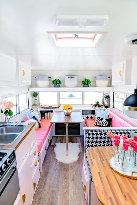 The playful interior of this vintage camper renovation was inspired by abstract pop wallpaper Wallpaper Renovation, Playful Interior, Vintage Renovation, Small Travel Trailer, Renovated Rv, Caravan Life, Rv Design, Travel Bus, Barbie Camper