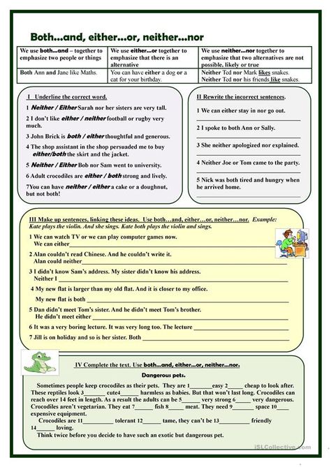 Both...and, either...or, neither... nor. (exercises) - English ESL Worksheets Both Neither Either, Both And Grammar, Both Neither Either Worksheets, Both And Either Or Neither Nor, Neither Nor Either Or, Neither Nor, Practice English Grammar, Correlative Conjunctions, English Pronouns