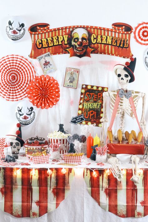 Halloween-Carnival-CarnEVIL-themed-party-tablescape-3 Halloween Carnival Table Decorations, Spooky Circus Halloween Party, Horror Carnival Decorations, Creepy Carnival Food, Creepy Tablescape, Scary Circus Theme Party, Halloween Carnival Decorations, Carnevil Halloween Party, Scare House