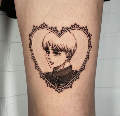 Anime Frame Tattoo, Heart Anime Tattoo, Attack On Titan Key Tattoo, Anime Heart Tattoo, Armin Arlert Tattoo, Eren Jaeger Tattoo, Attack On Titan Tattoo, Framed Tattoo, Key Tattoo