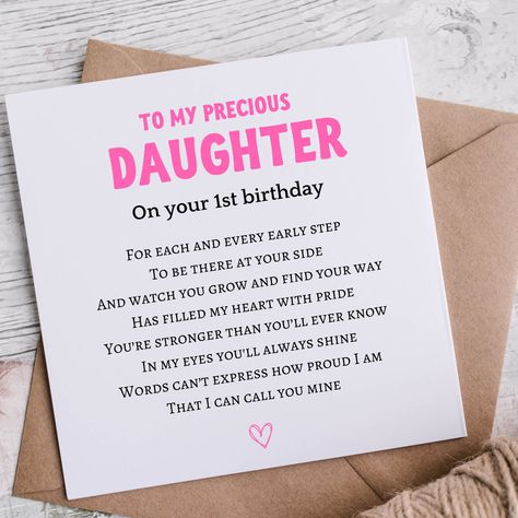 Our Daughter first birthday card features a beautiful birthday poem for her - Because she's just so special. Give her a keepsake to treasure forever. This is card is also available as 'Our Daughter' - the words change slightly in that version (see image and make required selection from the drop down menu.) Written and designed by Helen Walters exclusively for shmuncki. The card is 150mm x 150mm square - the inside is blank for your message. Card and envelope are presented in a cellophane sleeve 1st Birthday Message For Daughter, 1st Birthday Quotes For Daughter, Birthday Wish For Daughter, Daughter First Birthday, Daughter 1st Birthday, 1st Birthday Message, Poem For Her, Birthday Message For Daughter, Birthday Poem