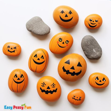 20 Halloween Rock Painting Ideas - Easy Peasy and Fun Fall Rock Painting Ideas Pumpkin, Rock Painting Ideas Halloween Easy, Drawing On Stones Ideas, Cute Halloween Rock Painting Ideas, Spooky Rock Painting, Autumn Rock Painting Ideas, Halloween Rock Painting Ideas Easy, Halloween Painted Rocks Ideas, Halloween Rocks Painted Ideas