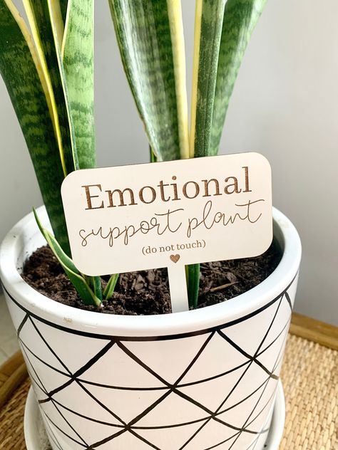 "These cute/funny plant stakes are the perfect touch to any plant gift! Great gifts for friends and family. Listing is for one plant stake.  ♥ 4.25\" in height and 3.5\" in width ♥ Laser-engraved on 1/8\" MDF white painted face, natural backing ♥ 1-3 day shipping" Emotional Support Plant, Funny Plant Stakes, Plant Store Display, Plant Store Ideas, Plant Shop Ideas, Wooden Garden Signs, Funny Plant Sayings, Plant Sayings, Garden Signs Diy