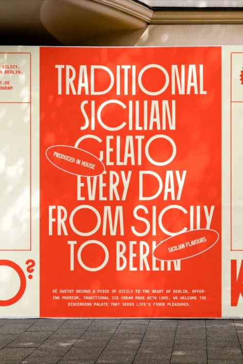 This spring, an especially stylish take on Sicilian gelato is coming to Berlin in the form of the hip ice cream spot Ké Gusto? In March, they’ll make their debut with smart branding from eccentric local designer Carla Palette, who graced their menus, packaging, and promotional materials with striking, but simple colors, shapes, and typography. The logomark’s elongated serif presents a stylish modern take on classic Italian sans serif, and the superscript question mark is the cherry on top. Modern Classic Graphic Design, Vintage Italian Graphic Design, Vintage Italian Design, Italian Packaging Design, Carla Palette, Italian Font, Italian Palette, Italian Branding, Italian Graphic Design