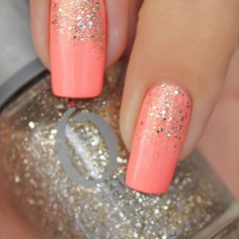 French Nails Ideas, Nails Coral, Glitter French Nails, Coral Nails, Super Cute Nails, Gold Glitter Nails, Model Nails, Super Nails, Best Nail Polish