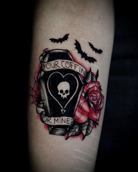 Gothic Art Tattoo, Mine Tattoo, Coffin Tattoo, Alkaline Trio, Band Tattoos, Kunst Tattoos, Spooky Tattoos, Gothic Tattoo, Horror Tattoo