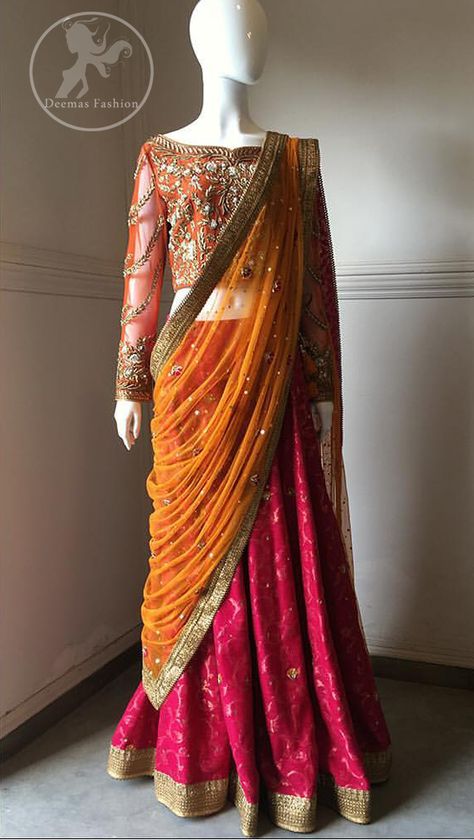 Orange Dupatta Combination, Pink Orange Lehenga, Indian Bridesmaid Outfits, Chunni Ceremony, Hot Pink Lehenga, Gota Patti Lehenga, Yellow Dupatta, Pink Kurti, Orange Lehenga