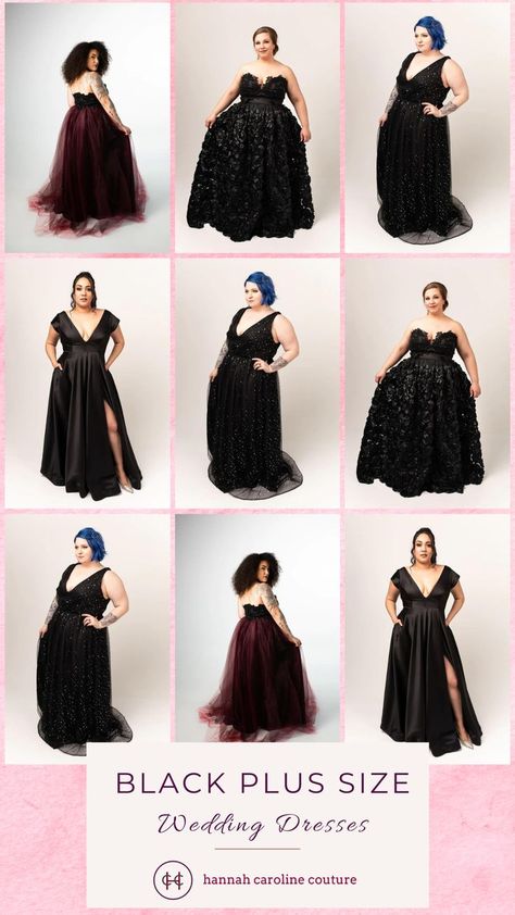 Graphic with 9 images of different black plus size wedding dresses.  Gowns are made out of different materials, including satin, tulle, lace, etc.  Text at bottom of the graphic reads "Black Plus Size Wedding Dresses - Hannah Caroline Couture" Black Tie Wedding Guest Dress Plus Size Evening Gowns, Plus Size Black Dresses Wedding, Black Wedding Dress Elegant Plus Size, Black Ball Gown Plus Size, Plus Size Dark Wedding Dress, Plus Size Gothic Wedding Dress, Black Plus Size Wedding Dresses, Black Wedding Gowns Plus Size Bohemian, Plus Size Goth Wedding Dress