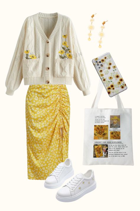 2024 Outfit Inspo, Sunflower cardigan, Van Gogh bag, Sunflower phone case, Sunflower shoes, Sun-inspired jewelry, Yellow skirt Van Gogh Outfit, Sunflower Cardigan, Sunflower Shoes, Sunflower Phone Case, Outfits Neutral, Cottagecore Outfit, Outfit Modest, Minimalist Outfits, Outfits Minimalist