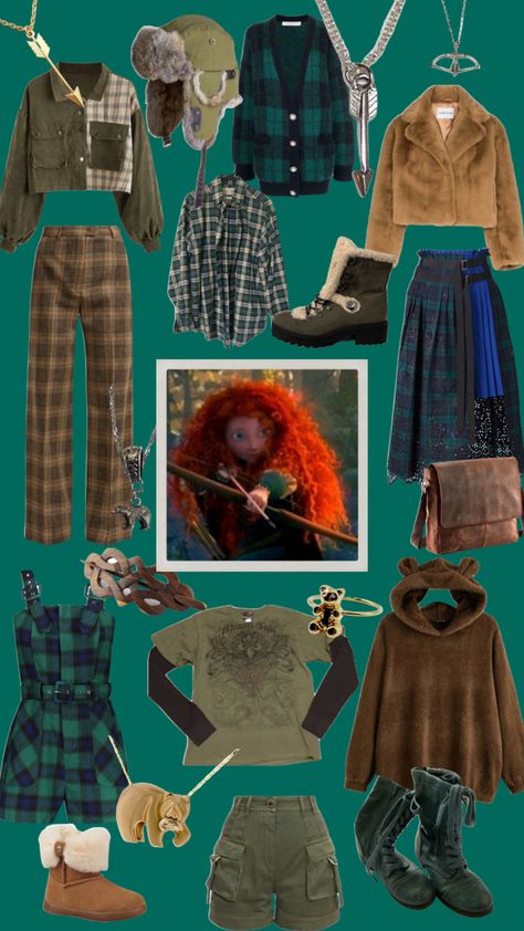 Merida #pixar #disney #disneyprincess #brave #merida #green #bear #outfitinspo #disneyfashionseries Merida Brave Modern Outfit, Merida Aesthetic Outfit, Pixar Inspired Outfits, Merida Inspired Outfits, Casual Disney Princess Outfits, Brave Outfits, Merida Halloween Costume, Merida Disneybound, Merida Aesthetic