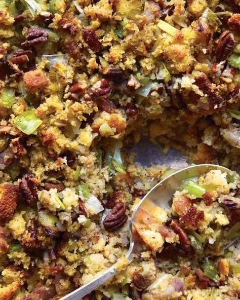 Cornbread, Bacon, Leek, and Pecan Stuffing | 50 Thanksgiving Foods Full Of Bacon Cornbread Stuffing, Honey Cornbread, Martha Stewart Recipes, Thanksgiving Stuffing, Cornbread Dressing, Thanksgiving Recipes Side Dishes, Holiday Meal, Corn Bread Recipe, Stuffing Recipes