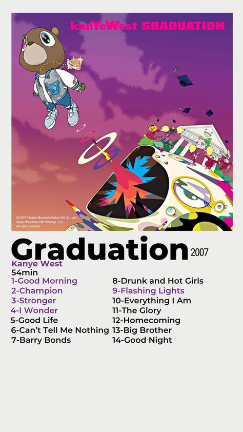 Graduation album card Graduation Album, Senior Szn, Barry Bonds, La Mans, Takashi Murakami, Big Brother, Kanye West, Album Covers, Songs