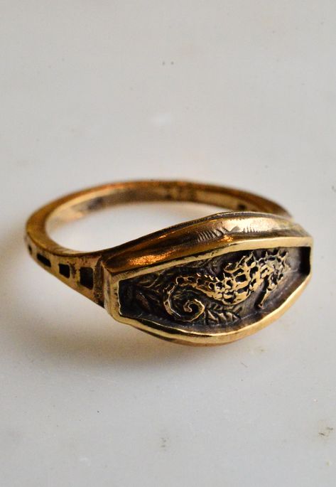 Handcrafted and cast signet ring finished with a raised seahorse symbol Metal: Sterling silver, bronze, 14k gold. Rustic Gold Jewelry, Dramatic Clothes, Guys Ear Piercings, Wax Seal Ring, Cast Rings, Medieval Rings, Mens Jewerly, Forest Tattoos, Rustic Rings