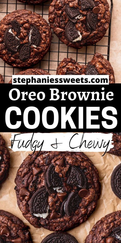 These Oreo brownie cookies are super fudgy and stuffed with Oreos pieces, Oreo crumbs, and chocolate chips. They are chewy cookies with crisp edges. Oreo Brownie, Oreo Stuffed Chocolate Chip Cookies, Fudgy Brownie, Chewy Cookies, Oreo Brownies, Holiday Dessert Recipes, Gourmet Cookies, Cookie Calories, Chewy Chocolate Chip Cookies