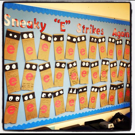 Sneaky E puppets! I made this based on a pin I saw on pinterest! The bulletin board title idea is mine though. Sneaky E, Phonics Dance, First Grade Themes, Homeschool Area, Title Idea, Kindergarten Bulletin Boards, Primary Writing, First Grade Phonics, Kindergarten Language Arts