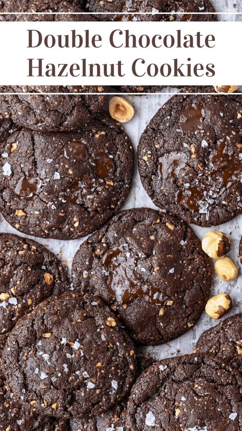 Chewy, soft-centered double chocolate cookies studded with chocolate’s favorite nut to partner with, itty bits of home-ground hazelnuts. Chocolate Hazelnut Cookies, Hazelnut Cookies, Chewy Brownies, Double Chocolate Chip Cookies, Double Chocolate Cookies, Custard Recipes, How To Roast Hazelnuts, Peanut Butter Bars, Brownies Recipe Easy