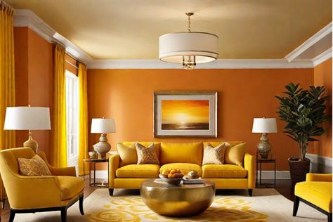 Bright living room with orange walls, yellow furniture, and sunset artwork. Living Room Paint Ideas, Room Paint Ideas, Living Room Paint Colors, Pastel Paint Colors, Statement Walls, Living Room Paint Color Ideas, Living Room Paint Color, Inviting Living Room, Paint Color Ideas