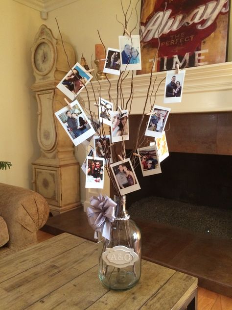 Photo Display For Anniversary Party, Picture Display On Table, Photograph Centerpieces, Family Reunion Table Decorations, Photo Centerpiece Ideas, Photo Table Display, Decoration With Photos, Picture Centerpieces, Photos Of The Bride