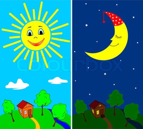 Countryside View, Preschool Designs, Sequencing Cards, The Sun And The Moon, Sun And The Moon, Kindergarden Activities, Preschool Math, Banner Printing, Day For Night