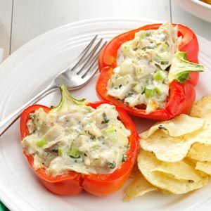 Chicken Salad-Stuffed Peppers Recipe -We love this recipe because it combines the fresh flavor of summer bell peppers and chicken salad. — Mary Marlowe Leverette, Columbia, South Carolina Monterey Jack Cheese Recipes, Stuffed Bell Peppers Chicken, Chicken Snacks, Leftover Rotisserie Chicken, Salad Dishes, Easy Summer Meals, Summer Cooking, Peppers Recipes, Bell Peppers