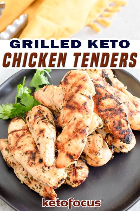 Keto grilled chicken tenders are popular among all ages and picky eaters. Low-carb grilled chicken tenders will make a great addition to your lunch plate and takes less than 15 minutes to make. This keto chicken recipe follows super-easy instructions, takes five minutes to prepare, and only 10 minutes to cook. | KetoFocus @ketofocus #ketosummerrecipes #ketokidfriendlyrecipes #ketogrilledchicken #ketodinner #ketochickentenders #summerketogrilling #grilledketorecipes #ketofocus Keto Grilled Chicken, Grilled Dinners, Keto Focus, Keto Chicken Tenders, Chicken Tenders Recipe, Keto Carnivore, Grilled Chicken Tenders, Box Recipes, Lunch Plate