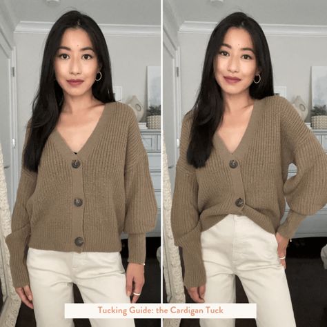 How to tuck a chunky knit sweater Chunky Cardigan Outfit Winter, Chunky Cardigan Outfit Aesthetic, Cardigan Tucked In, How To Tuck In A Cardigan, Button Cardigan Sweater Outfit, Chunky Button Up Cardigan Outfit, How To Style A Button Up Sweater, How To Style Button Up Cardigan, Buttoned Sweater Outfit