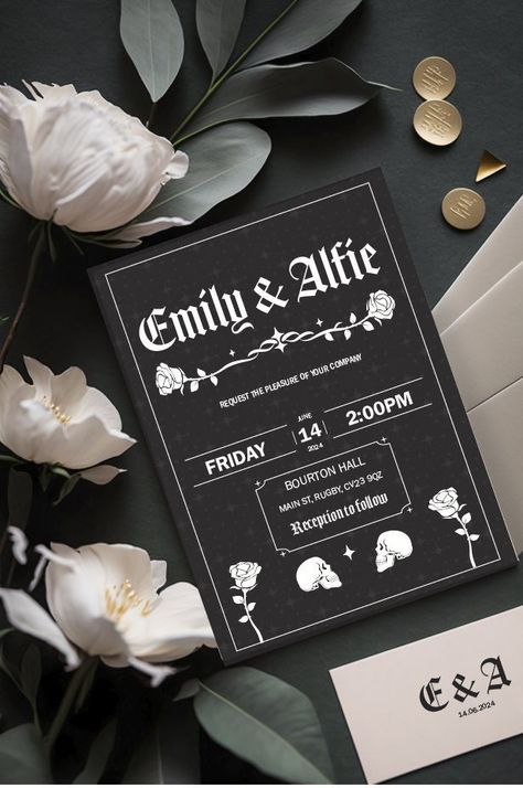 Wedding Invitations October, Goth Wedding Invitations, Romantic Goth Wedding, Wedding E Invite, Save The Date Black, Moody Wedding Invitations, Wedding Invitations Template, Wedding Invitations Black, Spooky Wedding