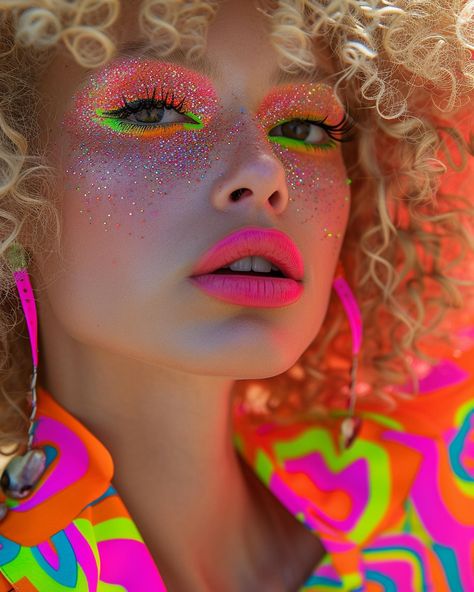 Rave Makeup Glitter, Neon Makeup Looks, Glam Rock Makeup, Makeup Neon, Disney Eye Makeup, Rock Makeup, 70s Makeup, Makeup 2017, Avant Garde Hair