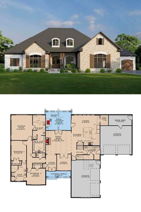 2,700 Sq Ft French Country Home House Plan with 3 Bedrooms, Open Living Space, and Multiple Garages Semi Open Floor Plan, Tiny Home Interior, Wooden House Plans, Open Concept House Plans, Open Living Space, House Design Trends, Small House Layout, Little House Plans, French Country House Plans