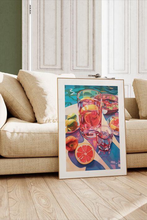 Ice Tea, Cocktails by the pool in the summer. Vibrant still life art print post. Lemon, lime, grapefruit, strawberries, poolside. Food Art Lemon Ice Tea, Summer Still Life, Poolside Food, Strawberry Art, Lemon Ice, Tea Cocktails, Still Life Oil Painting, Ice Tea, Still Life Art