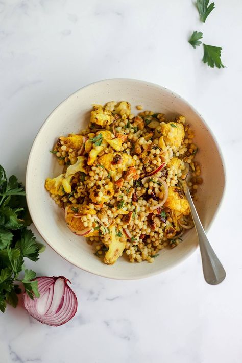 Cauliflower Couscous Salad, Curried Cauliflower Salad, Carrot And Orange Soup, Pearl Couscous Recipes, Warm Salads, Curried Couscous, Pearl Couscous Salad, Roast Cauliflower, Falafel Salad