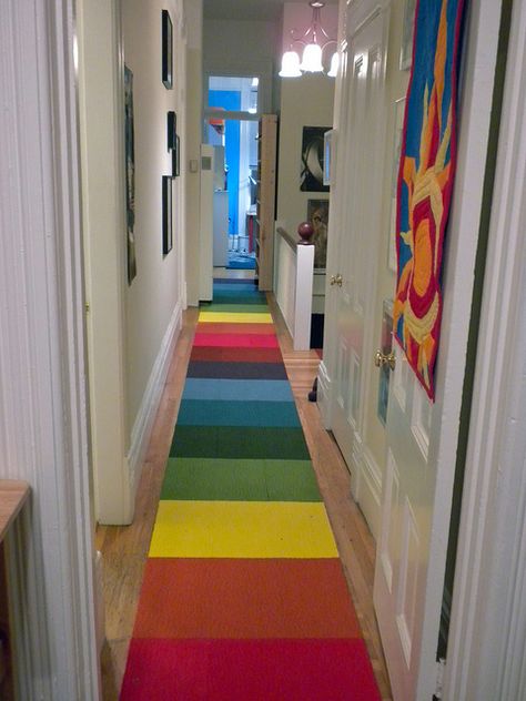 not that i don't love the rainbow runner, but what i'm really interested in is the sun quilt thing hanging on the open door! Rainbow Hallway, Rental Kitchen, Your Day, Hall Runner, Rainbow Rug, Long Hallway, Beige Carpet, Hallway Runner, Carpet Tiles