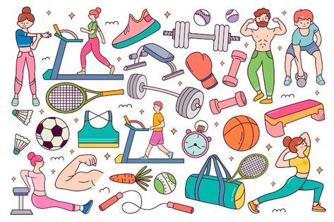 Set of sport fitness icons doodle with e... | Premium Vector #Freepik #vector #lifestyle #fitness #health-fitness #weight Fitness Doodles, Health Doodles, Weight Journal, Icons Doodle, Sports Drawings, Summer Sport, Fitness Icon, What To Do When Bored, Cute Easy Drawings