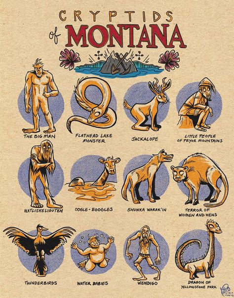 "We've got Montana all up in here! The Treasure State is ready to dazzle you with its BIG MAN, JAKALOPES, the famous SHUNKA WARAK'IN, and all the mysterious water creatures. What better way to celebrate your state pride than with its mythological creatures? Original drawing Scanned and printed on 11\"W x 14\"H Epson Premium Photo Paper Shipped in a plastic sleeve, protected in a photo envelope!" Cryptids Of Montana, Cryptids Of Each State, Cryptids Tattoo, State Cryptids, Famous Cryptids, Cryptids Creatures, Skin Walkers, Cryptids Art, Photo Envelope