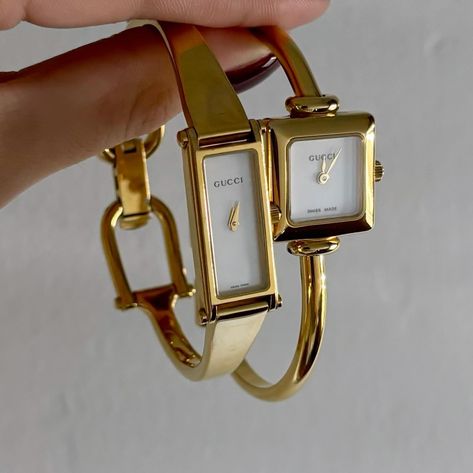 Sold*. Gucci gold bangle watches from the 90s will be available today at 5pm pacific time!! Nice Jewelry For Women, Gucci Bangle Watch, Gucci Watch Women Vintage, Women’s Gold Watch, Vintage Gucci Aesthetic, Gold Watch Aesthetic, Gold Bangle Watch, Watch Aesthetic, Vintage Gold Watch