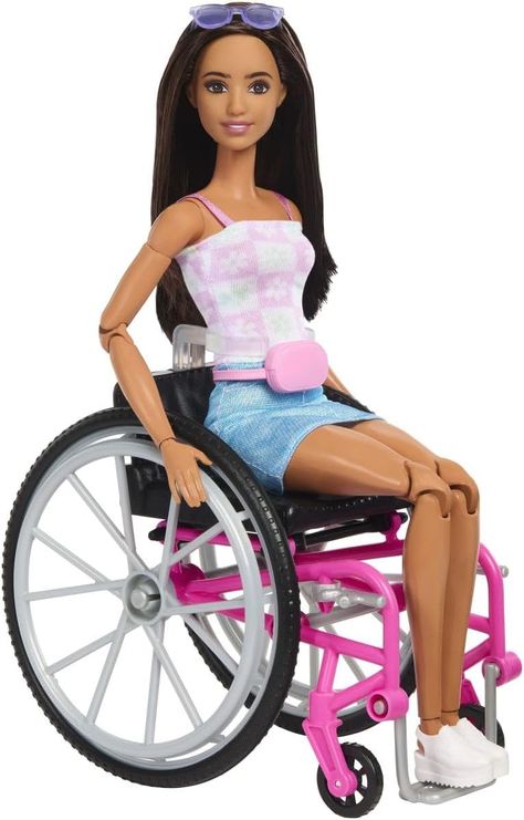 Barbie Doll & Playset with Service Dog Pink Wheelchair, Barbie Wheelchair, Barbie Pink Passport, Long Straight Black Hair, Dress And Sneakers, Straight Black Hair, Disney Princess Dolls, Wheelchair Ramp, Barbie Doll House